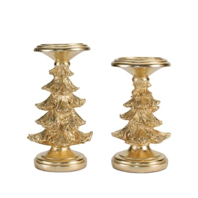 Gold resin Christmas tree pillar candle holders set of two varying heights