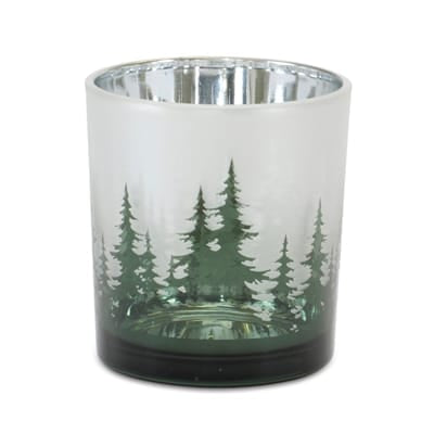 Frosted glass votive holder with green evergreen tree silhouette pattern and silver interior