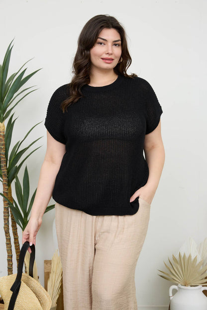 PLUS SHEER KNIT CREW NECK BATWING SWEATER TOP