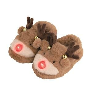 Brown plush reindeer slippers with LED light-up noses, antlers, and gold bells