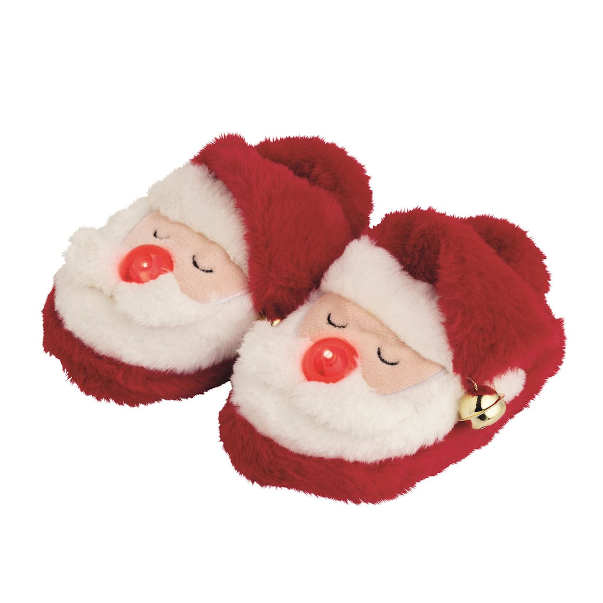 Red plush Santa Claus light-up slippers with white faux fur trim and gold jingle bell