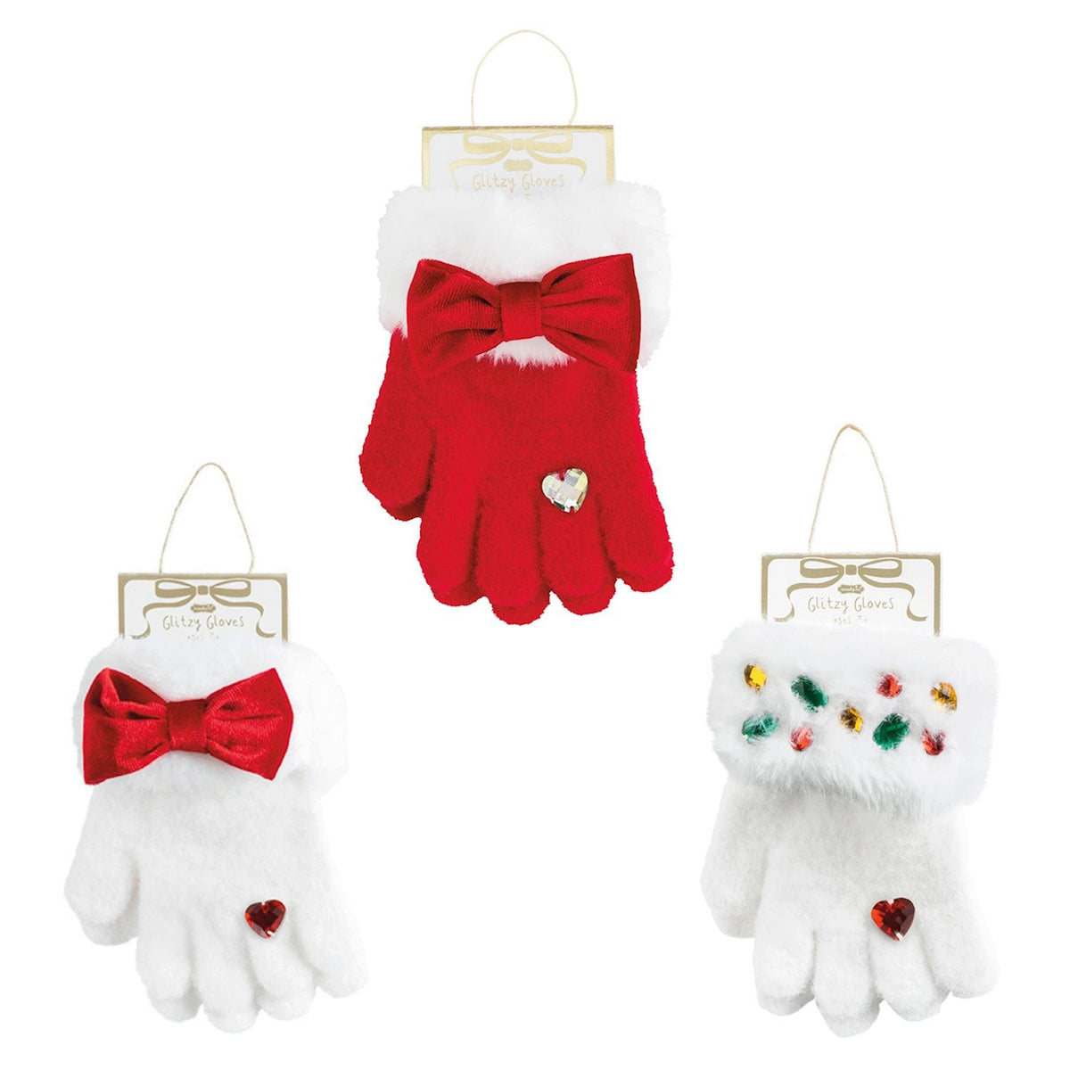 Mudpie Glitzy Gloves three styles red and white fuzzy kids gloves with bow and gem details