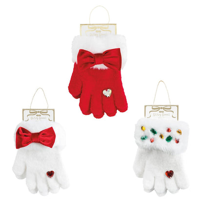 Mudpie Glitzy Gloves three styles red and white fuzzy kids gloves with bow and gem details