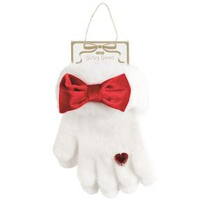 White fuzzy glove with red velvet bow and heart gem embellishment