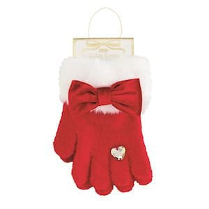 Red fuzzy gloves with white fur trim, red bow, and gold heart charm