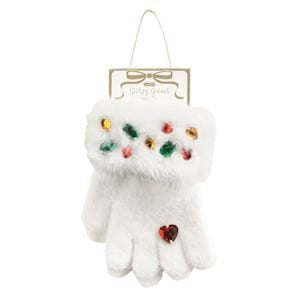 White fuzzy gloves with colorful rhinestone gems and red heart accent