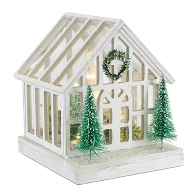 White LED greenhouse house figurine with miniature green bottle brush trees and wreath