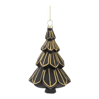Black matte glass Christmas tree ornament with gold geometric detailing, 5 inches tall