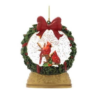 LED snow globe ornament with red cardinals holly wreath bow gold base 5 inch