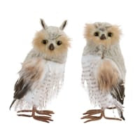 Two faux fur owl figurines with brown and white feather detailing, decorative pair