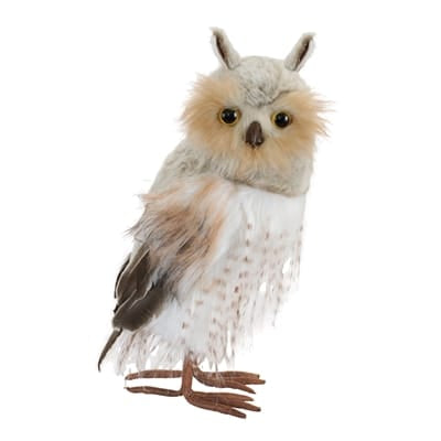Melrose faux fur decorative owl figurine with gray, beige, and white feather details