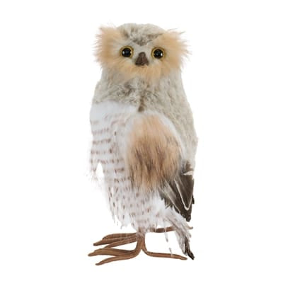 Melrose decorative faux fur owl figurine in gray, white, and tan tones