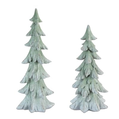 Set of two sage green resin Christmas trees with snow-dusted layered branches, 11.5 and 13.5 inch