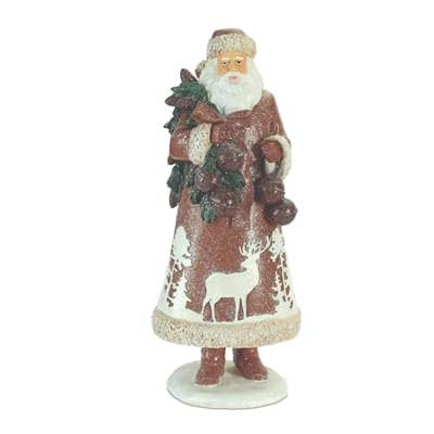 Red-coated Santa Claus resin figurine with reindeer print holding Christmas greenery 13.5 inches