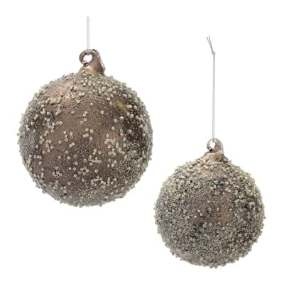 Two beaded glass ball ornaments in bronze and champagne, 3-inch and 4-inch sizes