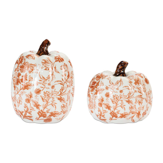 Burnt Orange Floral Stoneware Pumpkin - 2 Sizes