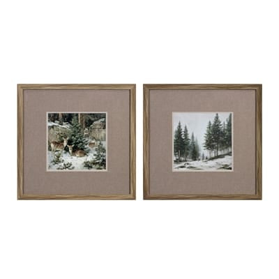 Two square framed winter forest prints with burlap matte and wood frame 16 inch