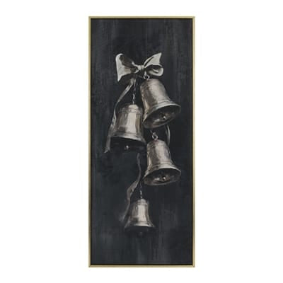 Dark canvas wall art depicting hanging brass bells tied with a bow