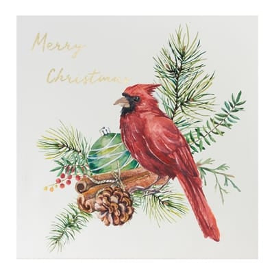 Canvas print featuring red cardinal on pine branches with Christmas ornament and pinecone