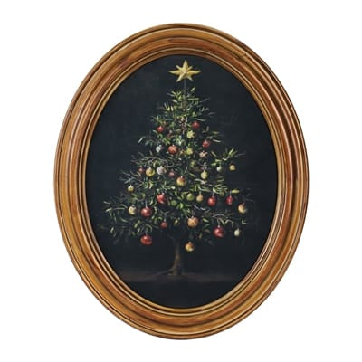 Oval gold-framed Christmas tree print on black background with colorful ornaments