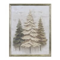 Framed textured wall art with three white and gray winter pine trees