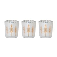 Set of 3 white and gold glass votive holders with tree silhouette design