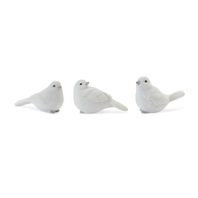 Set of three white resin bird figurines in varied poses, 2.5 inches tall