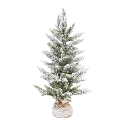 Snow-flocked mini artificial pine tree 17 inches tall in burlap wrapped base