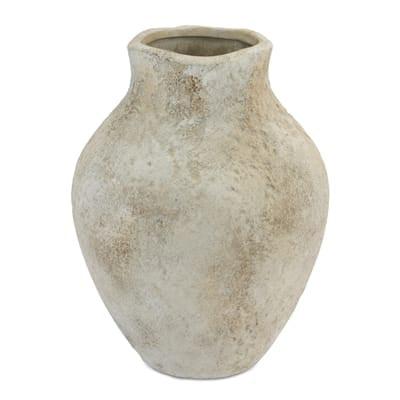 Rustic aged ceramic vase 10 inches tall with matte weathered taupe finish