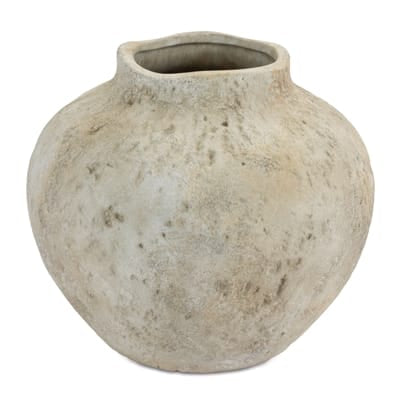 Round ceramic vase 7.25 inches tall with aged textured taupe finish and irregular opening