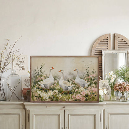 White Geese In Pink And White Flowers