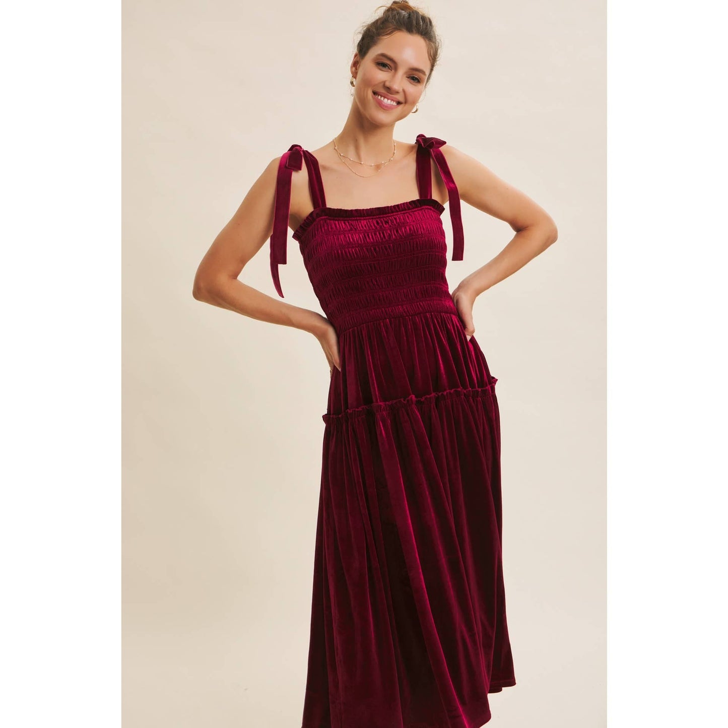 HOLIDAY CLASSIC VELVET SMOCKED MIDI DRESS WITH POCKETS