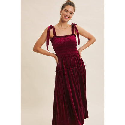 HOLIDAY CLASSIC VELVET SMOCKED MIDI DRESS WITH POCKETS