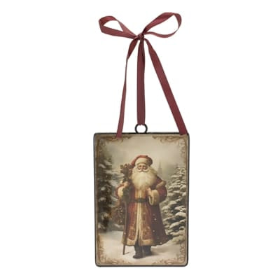 Vintage-style iron Santa ornament with red ribbon hanger, 6.75 inches tall