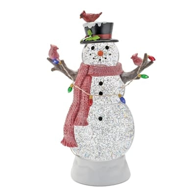 Glittery white LED snowman figurine with red scarf, cardinal birds, and colorful lights, 12 inch