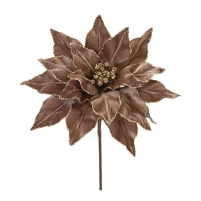 Brown velvet poinsettia stem with gold glitter edges and metallic berry center