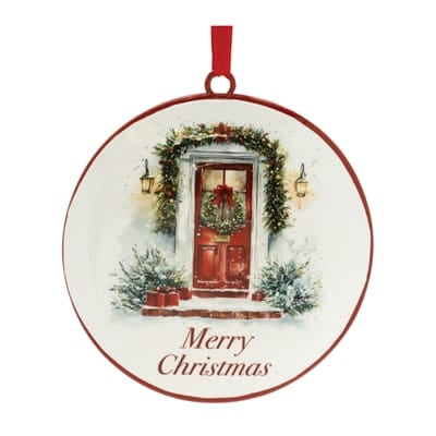 Round iron Christmas ornament with red door wreath scene and Merry Christmas text