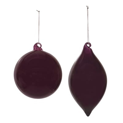 Two deep purple glass Christmas ornaments, round and teardrop shapes, with silver hanging strings