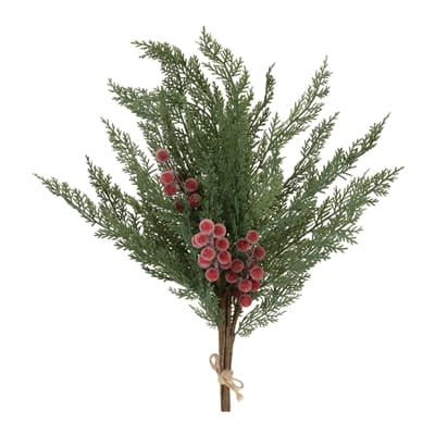 Artificial cedar pine and frosted red berry bundle tied with twine, 26 inches tall