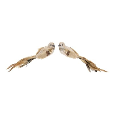Pair of decorative fabric and feather birds in tan and gold with long tail feathers