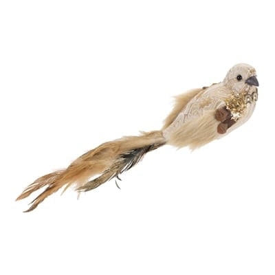 Cream and tan fabric bird decoration with natural feather tail, 12 inches long