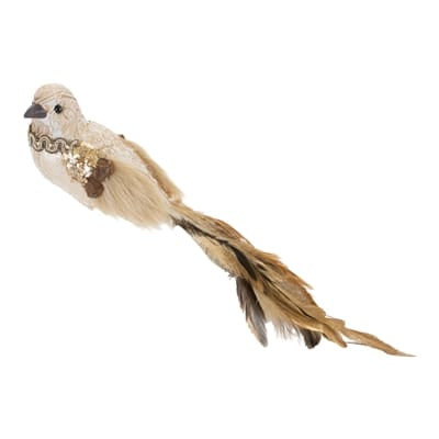 Cream and gold decorative bird ornament with feather tail and sequin details