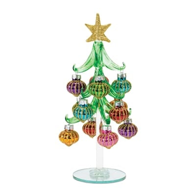 Green glass Christmas tree with 12 colorful mini ornaments and gold star topper