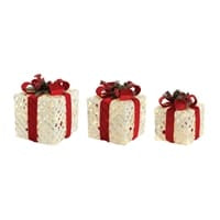 Set of 3 LED lit white woven gift boxes with red ribbon bows