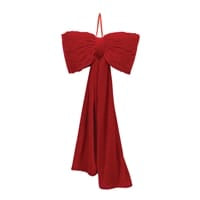 Melrose red fabric bow ornament with long trailing ribbon tails