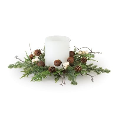 12-inch artificial pine candle ring with pinecones, berries, and white pillar candle