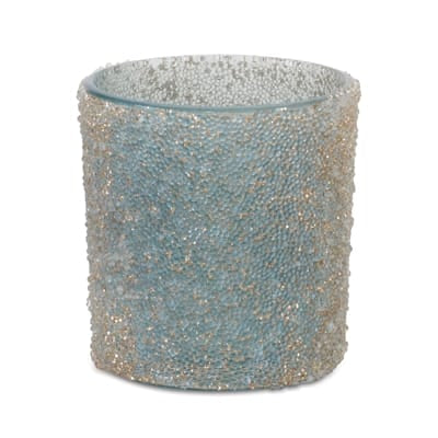 Dusty blue glass votive holder covered in gold and silver beaded texture 3x3.25 inch
