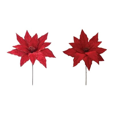 Two red polyester poinsettia picks with glitter detail on wire stems, 12 inch