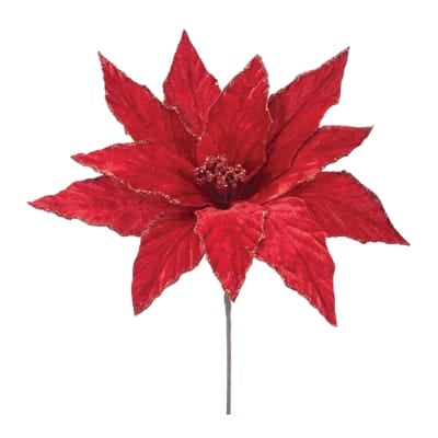 Red velvet poinsettia pick with glitter edge details on a wire stem