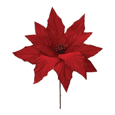 Red velvet poinsettia pick with glitter trim detail on thin stem, 12 inch